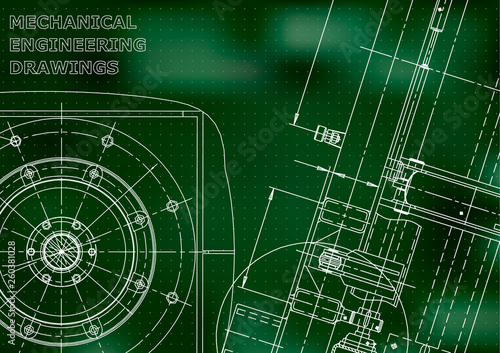 Blueprint, Sketch. Vector engineering illustration. Cover, flyer, banner, Green background. Points. Instrument-making drawings. Mechanical engineering drawing