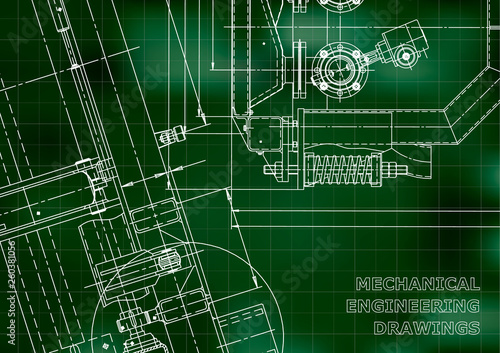 Blueprint. Vector engineering drawings. Mechanical instrument making. Technical Green background. Grid