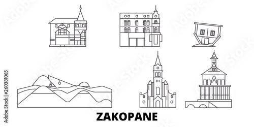 Obraz na płótnie Poland, Zakopane flat travel skyline set. Poland, Zakopane black city vector panorama, illustration, travel sights, landmarks, streets. w salonie