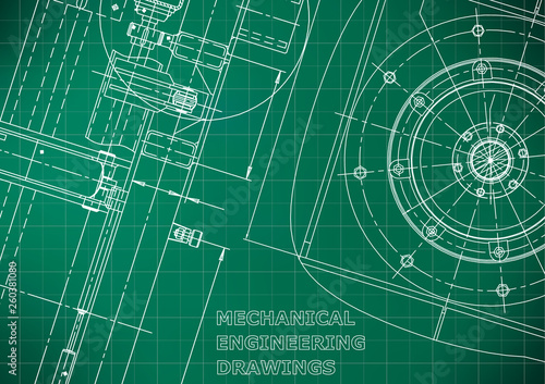 Blueprint, Sketch. Vector engineering illustration. Cover, flyer, banner. Light green background. Grid