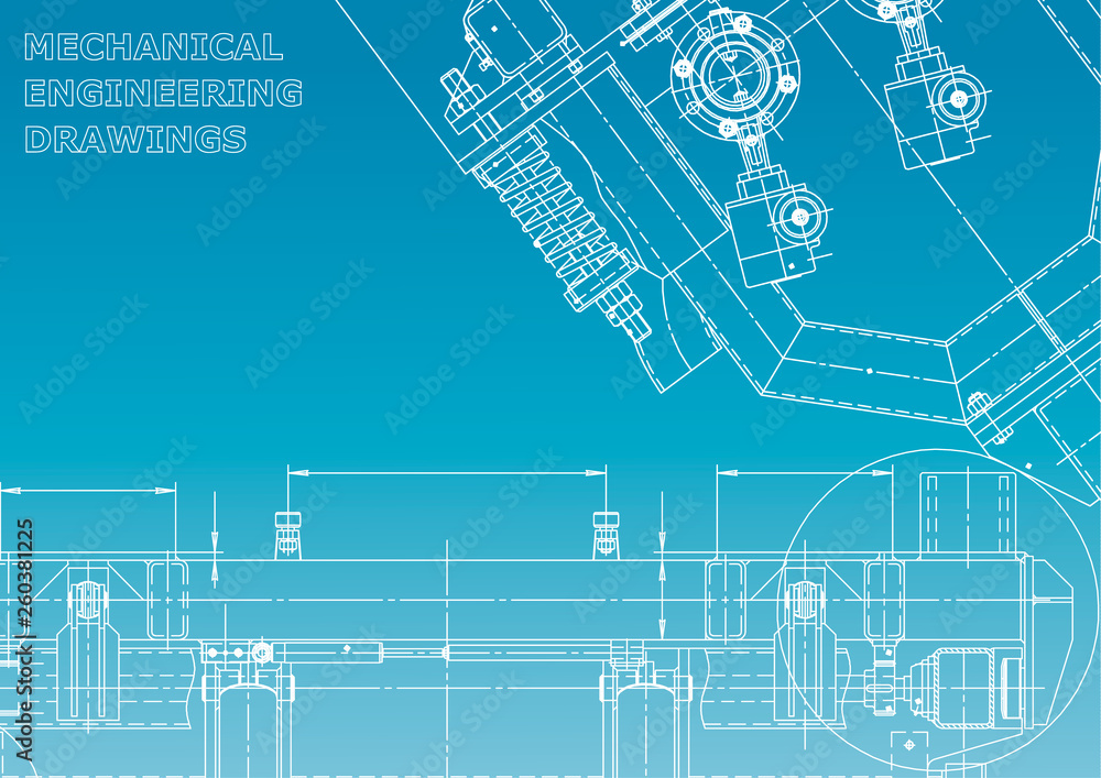 Computer aided design systems. Technical illustrations, backgrounds. Mechanical engineering drawing. Machine-building industry. Instrument-making drawings. Blueprint. Blue and white Computer aided design systems. Technical illustrations, backgrounds. Mechanical engineering drawing. Machine-building industry. Instrument-making drawings. Blueprint. Blue and white