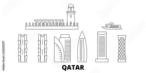 Qatar, Doha flat travel skyline set. Qatar, Doha black city vector panorama, illustration, travel sights, landmarks, streets.
