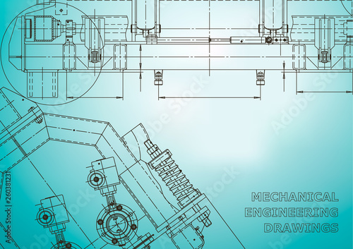 Computer aided design systems. Technical illustrations, backgrounds. Mechanical engineering drawing. Machine-building industry. Instrument-making drawings. Light blue