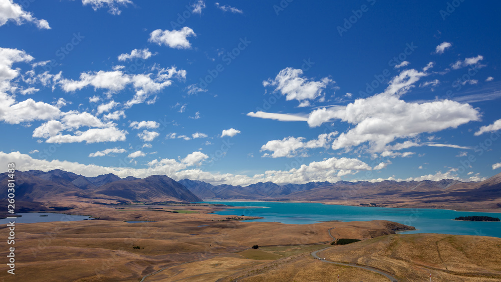 Scenic view of the colourful Lake Tekapo Scenic view of the colourful Lake Tekapo