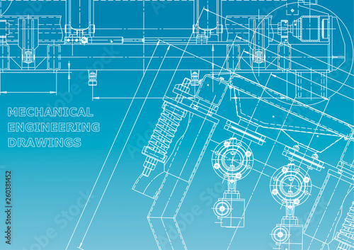 Computer aided design systems. Blueprint, scheme, plan, sketch. Technical illustrations, backgrounds. Mechanical engineering drawing. Machine-building industry. Instrument-making. Blue and white