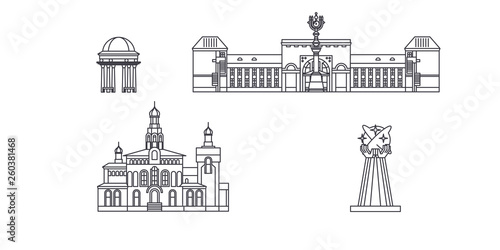 Russia, Birobidzhan  flat travel skyline set. Russia, Birobidzhan  black city vector panorama, illustration, travel sights, landmarks, streets.