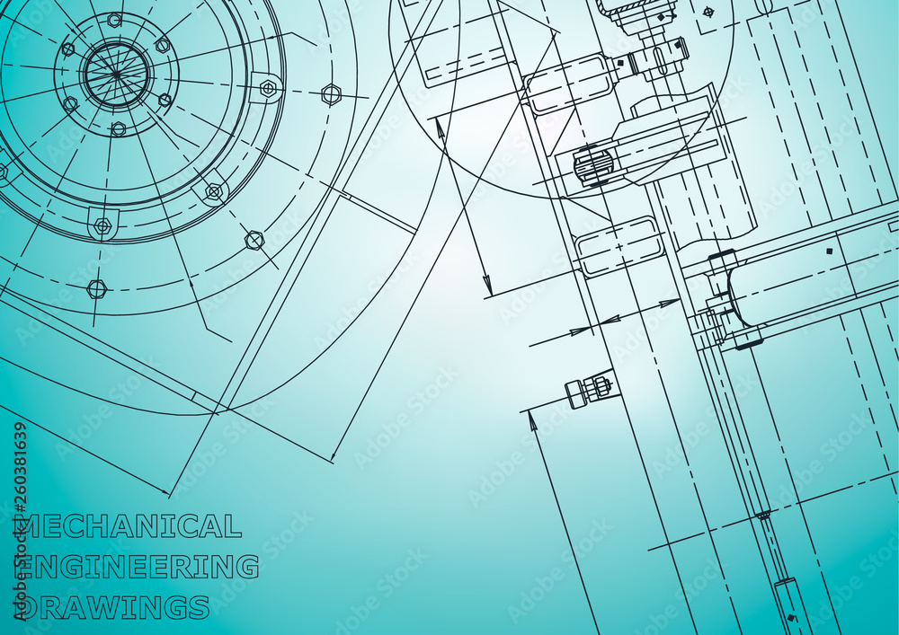 Blueprint. Vector engineering illustration. Cover, flyer, banner, background. Instrument-making. Light blue