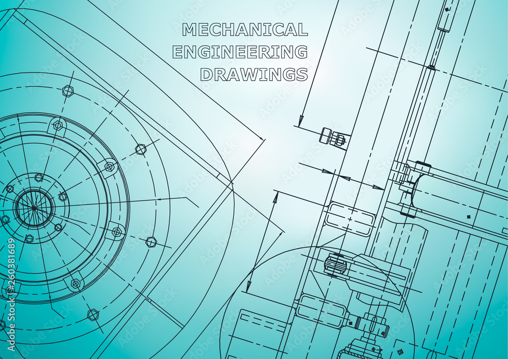 Blueprint. Vector engineering illustration. Cover, flyer, banner, background. Instrument-making drawings. Mechanical engineering drawing. Technical illustrations, backgrounds. Scheme. Light blue