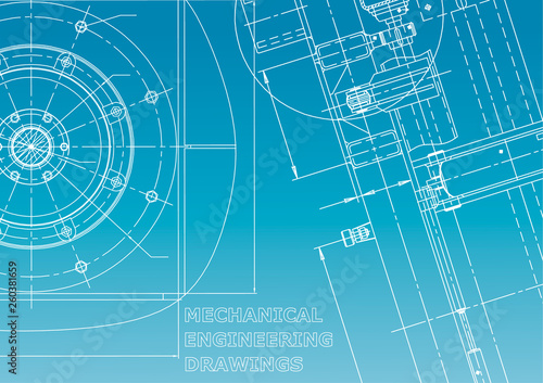 Blueprint. Vector engineering illustration. Cover, flyer, banner, background. Instrument-making drawings. Mechanical. Blue and white