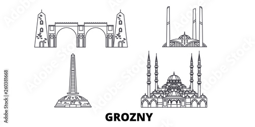 Russia, Grozny flat travel skyline set. Russia, Grozny black city vector panorama, illustration, travel sights, landmarks, streets.