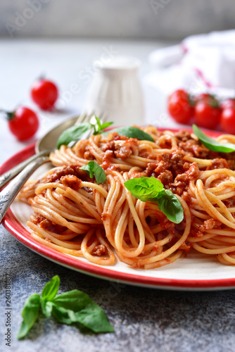 Traditional italian spaghetti bolognese with meat sauce  basil and parmesan cheese.