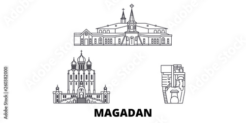Russia, Magadan flat travel skyline set. Russia, Magadan black city vector panorama, illustration, travel sights, landmarks, streets.