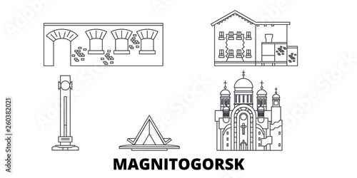 Russia, Magnitogorsk flat travel skyline set. Russia, Magnitogorsk black city vector panorama, illustration, travel sights, landmarks, streets.