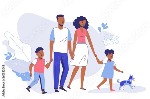 Happy young african american family dad, mom, son, daughter and dog on walk. Family black couple father and mother with children girl and boy walking together. Happiness and love concept.