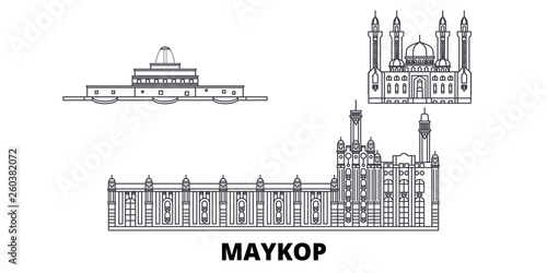 Russia, Maykop flat travel skyline set. Russia, Maykop black city vector panorama, illustration, travel sights, landmarks, streets.