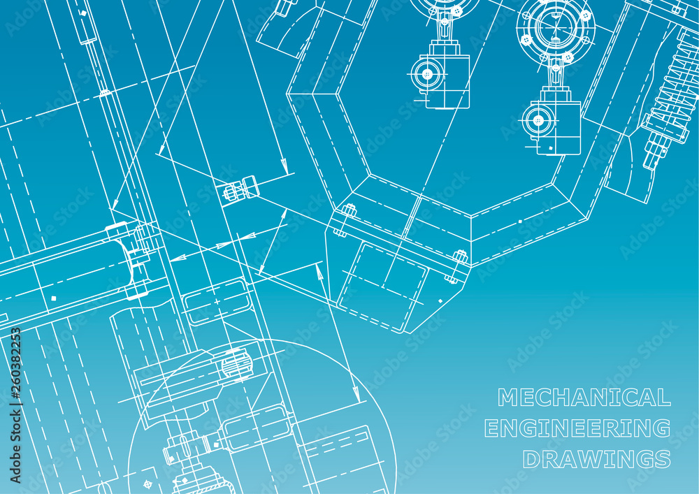 Blueprint. Vector engineering drawings. Mechanical instrument making. Blue and white