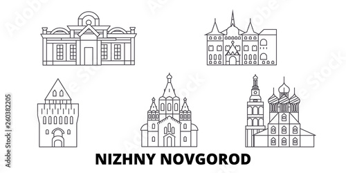 Russia, Nizhny Novgorod flat travel skyline set. Russia, Nizhny Novgorod black city vector panorama, illustration, travel sights, landmarks, streets.