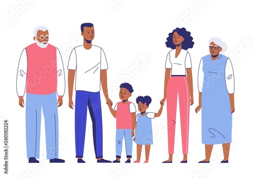 Happy young african american family dad, mom, son, grandmother and grandfather. Family black couple father and mother with child, gandpa and grandma standing together. Happiness and love concept.