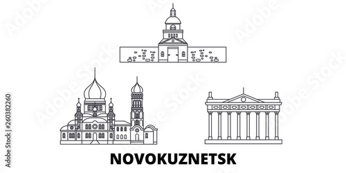Russia, Novokuznetsk flat travel skyline set. Russia, Novokuznetsk black city vector panorama, illustration, travel sights, landmarks, streets.