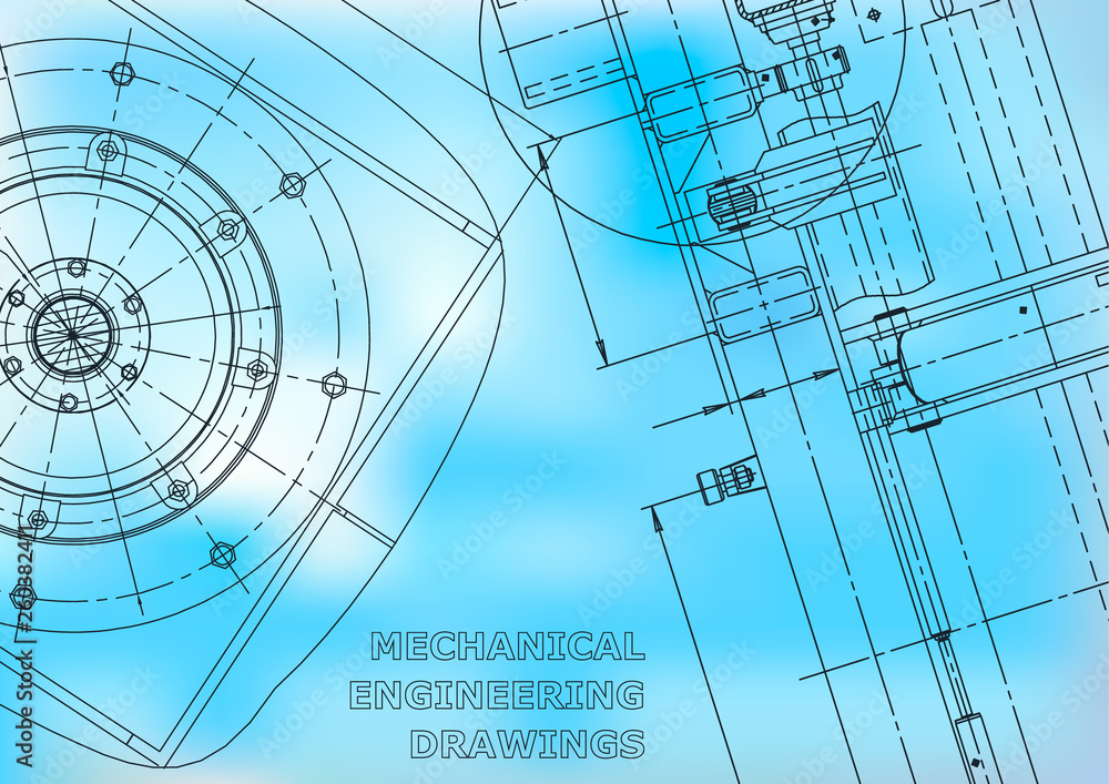 Blueprint, Sketch. Vector engineering illustration. Cover, flyer, banner, background. Instrument-making. Blue