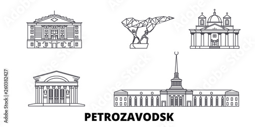 Russia, Petrozavodsk flat travel skyline set. Russia, Petrozavodsk black city vector panorama, illustration, travel sights, landmarks, streets.