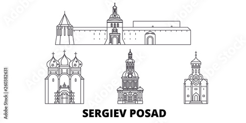 Russia, Sergiev Posad flat travel skyline set. Russia, Sergiev Posad black city vector panorama, illustration, travel sights, landmarks, streets.