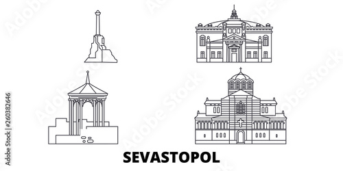 Russia, Sevastopol flat travel skyline set. Russia, Sevastopol black city vector panorama, illustration, travel sights, landmarks, streets.