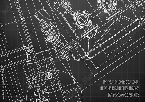 Blueprint. Vector engineering drawings. Mechanical instrument making. Technical abstract Black background. Grid. Technical illustration, cover, banner
