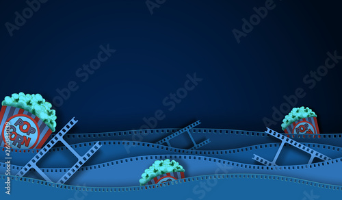 Wave film strip and Popcorn isolated on dark background. Closeup view for design layout cinema poster, banner, flyer. Template cinema with space for your text. Abstract paper art style