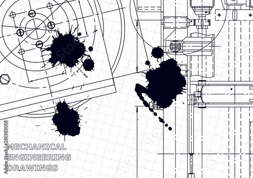 Vector engineering illustration. Computer aided design systems. Instrument-making drawings. Mechanical engineering drawing. Black Ink. Blots. Blueprint, diagram