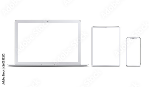 Set of white devices: laptop, tablet and phone. Vector