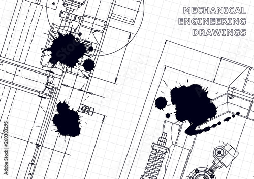 Sketch. Vector engineering illustration. Instrument-making. Black Ink. Blots