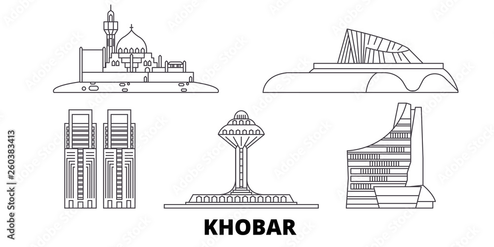 Saudi Arabia, Khobar flat travel skyline set. Saudi Arabia, Khobar black city vector panorama, illustration, travel sights, landmarks, streets.