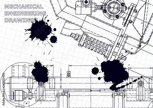 Mechanical instrument making. Technical illustration. Black Ink. Blots