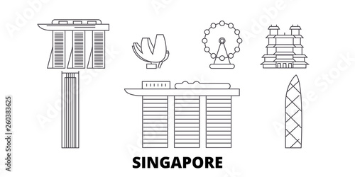 Singapore City flat travel skyline set. Singapore City black city vector panorama, illustration, travel sights, landmarks, streets.
