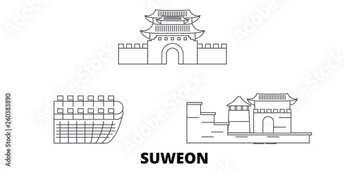 South Korea, Suweon flat travel skyline set. South Korea, Suweon black city vector panorama, illustration, travel sights, landmarks, streets.