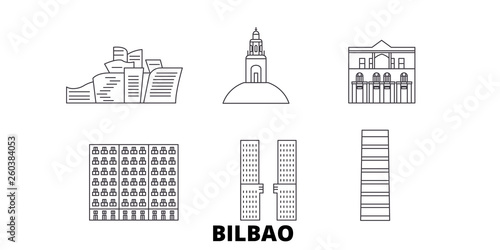 Spain, Bilbao flat travel skyline set. Spain, Bilbao black city vector panorama, illustration, travel sights, landmarks, streets.