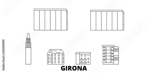 Spain, Girona flat travel skyline set. Spain, Girona black city vector panorama, illustration, travel sights, landmarks, streets.