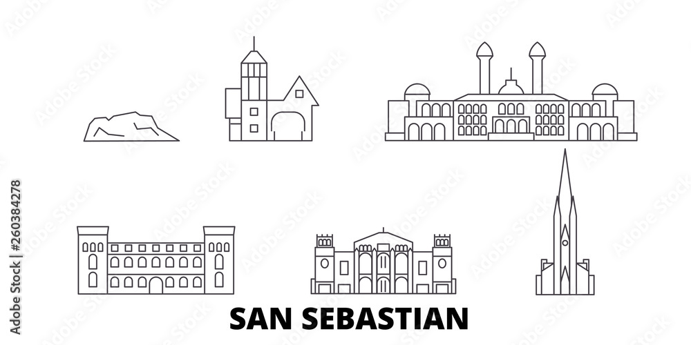 Obraz premium Hiszpania, zestaw panoramę płaskich podróży San Sebastian. Hiszpania, czarna panorama wektor miasta San Sebastian, ilustracja, zabytki turystyczne, zabytki, ulice.