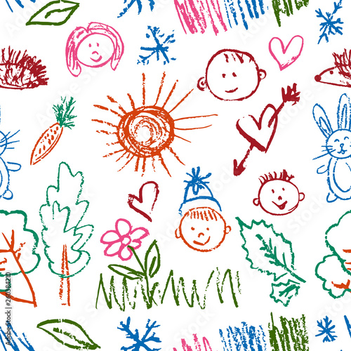 Seamless pattern. Draw pictures, doodle. Beautiful and bright design. Interesting images for backgrounds, textiles, tapestries. Flowers, hare, carrot, sun