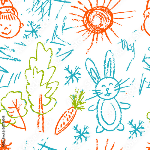 Seamless pattern. Draw pictures, doodle. Beautiful and bright design. Interesting images for backgrounds, textiles, tapestries. Hare, carrot, sun