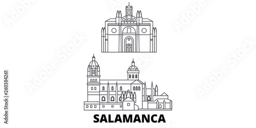 Spain, Salamanca flat travel skyline set. Spain, Salamanca black city vector panorama, illustration, travel sights, landmarks, streets.