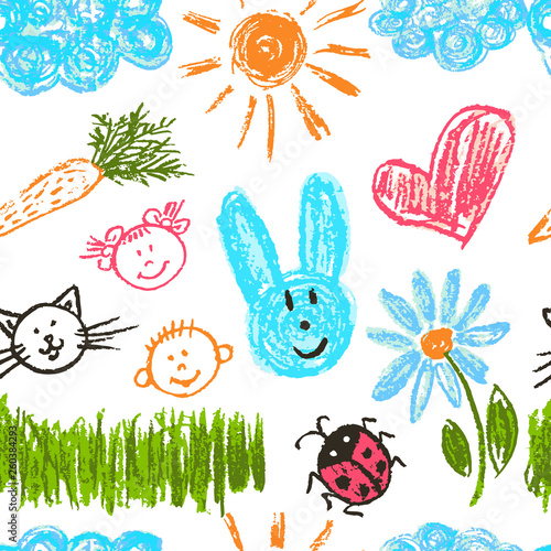 Cute stylish seamless pattern. Draw pictures, doodle. Beautiful and bright design. Interesting images for backgrounds, textiles, tapestries. The sun, clouds, flowers, hare