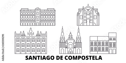 Spain, Santiago De Compostela flat travel skyline set. Spain, Santiago De Compostela black city vector panorama, illustration, travel sights, landmarks, streets.