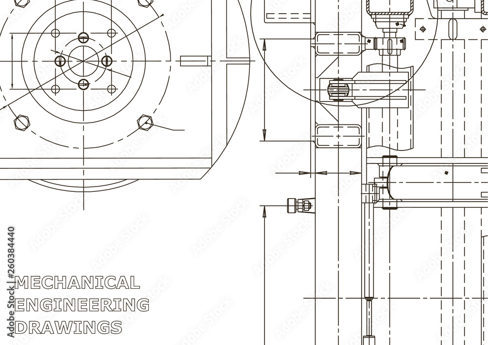 Vector engineering illustration. Instrument-making drawings. Mechanical engineering drawing. Computer aided design systems. Technical illustrations, backgrounds. Blueprint, diagram