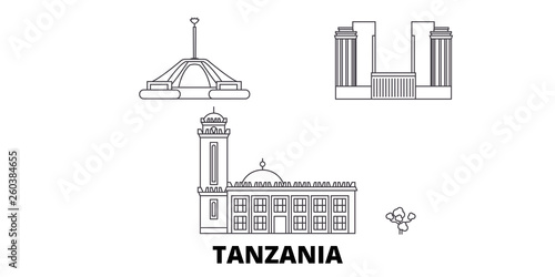 Tanzania flat travel skyline set. Tanzania black city vector panorama, illustration, travel sights, landmarks, streets.