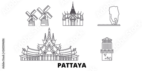 Thailand, Pattaya flat travel skyline set. Thailand, Pattaya black city vector panorama, illustration, travel sights, landmarks, streets.