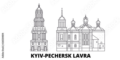 Ukraine, Kyiv, Pechersk Lavra flat travel skyline set. Ukraine, Kyiv, Pechersk Lavra black city vector panorama, illustration, travel sights, landmarks, streets.