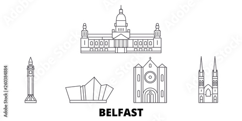 United Kingdom, Belfast flat travel skyline set. United Kingdom, Belfast black city vector panorama, illustration, travel sights, landmarks, streets.