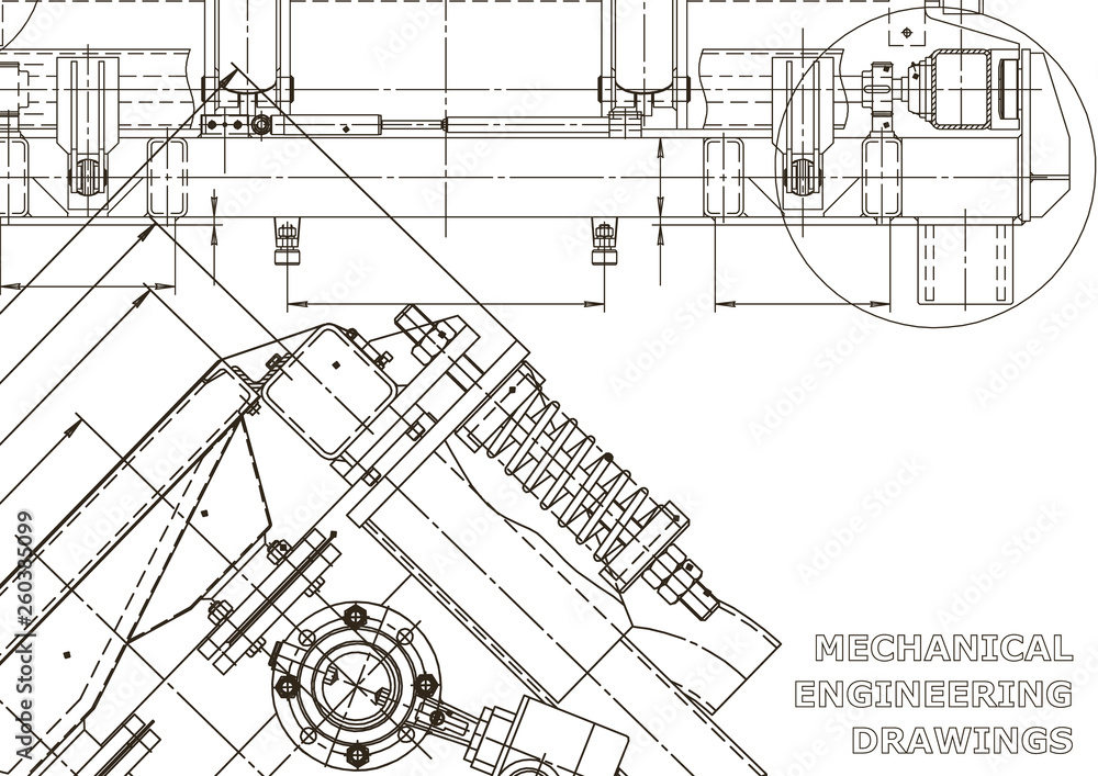 Naklejka premium Machine-building industry. Computer aided design systems. Technical illustrations, backgrounds. Mechanical engineering drawing. Instrument-making